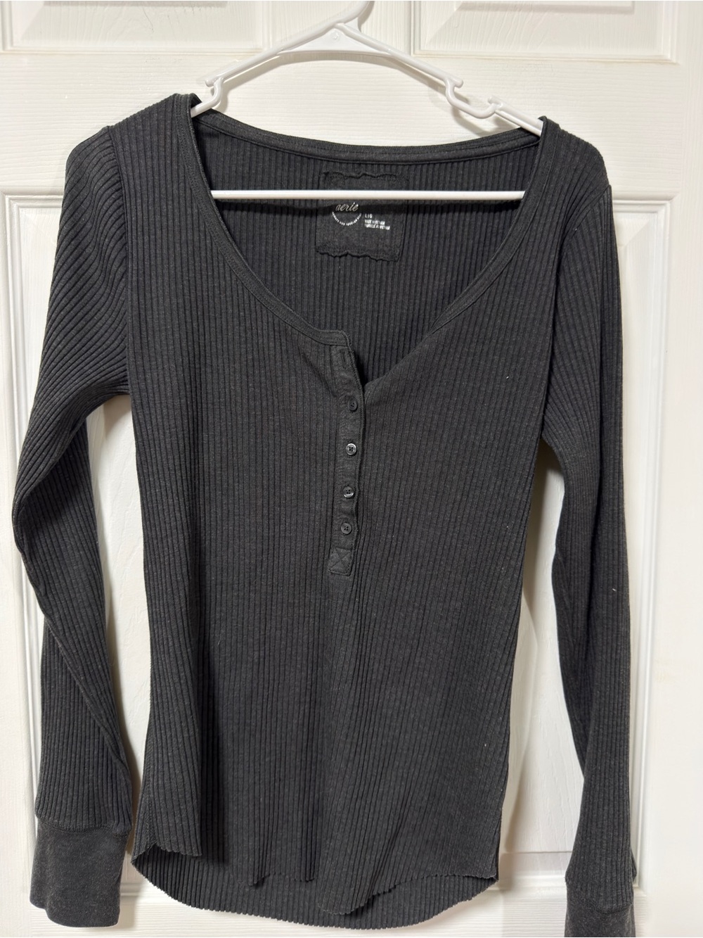 aerie Ribbed Long Sleeve Henley Top in Charcoal